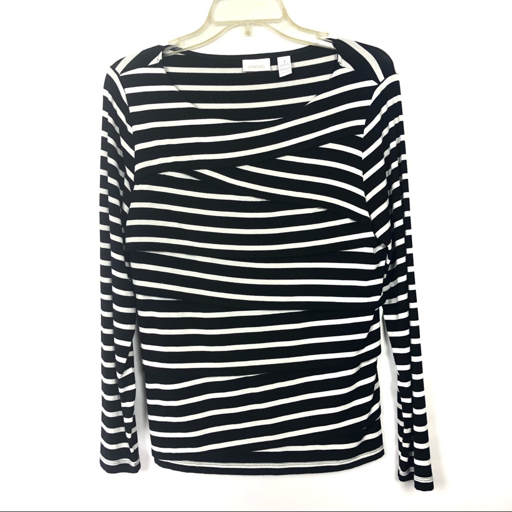 CHICO’s Striped Scoop Neck Top, Black & Wh…
